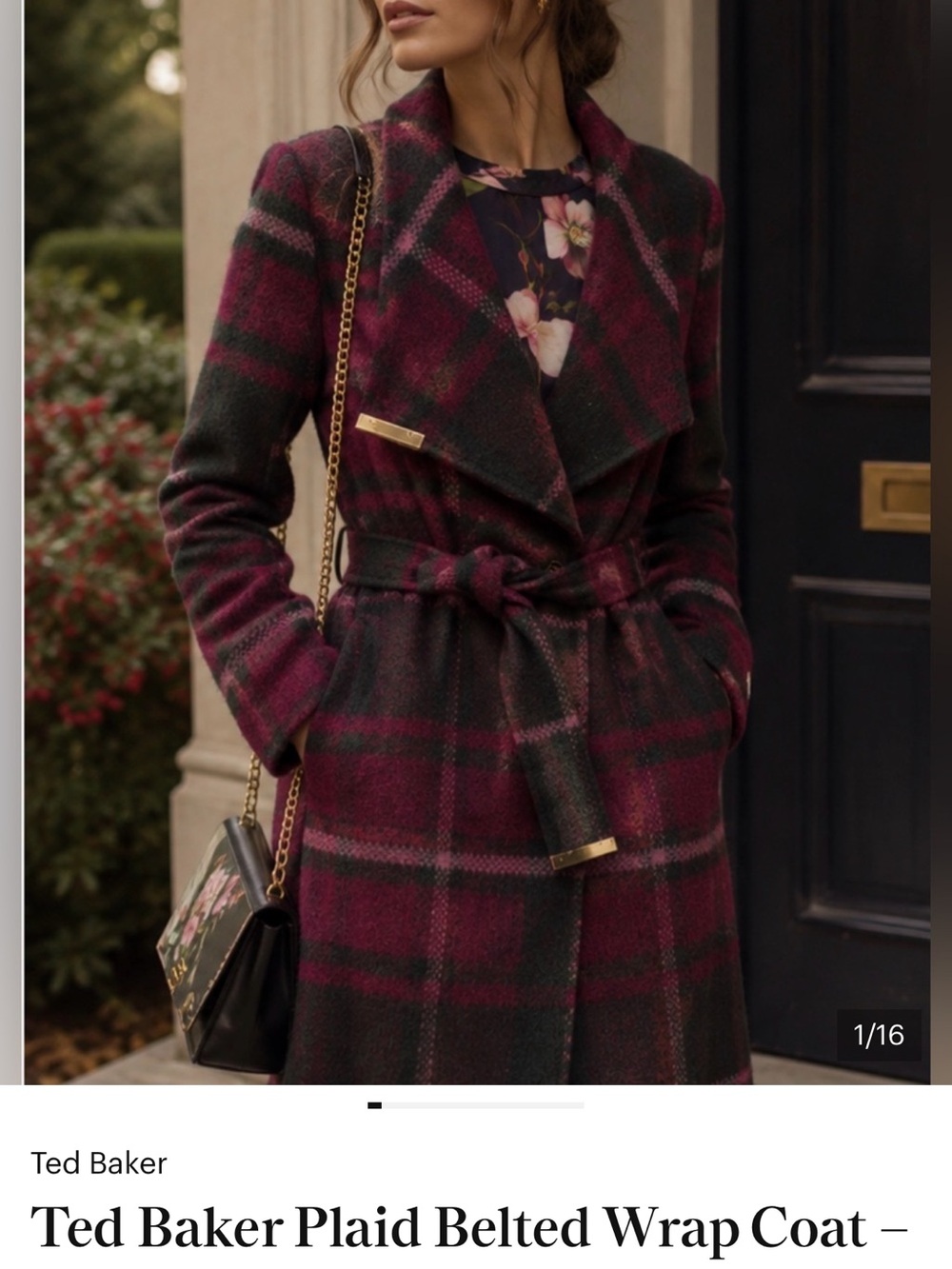 Ted Baker Burgundy and Dark Green Plaid Long Sleeve Wrap Coat Dress - Picture 5 of 5
